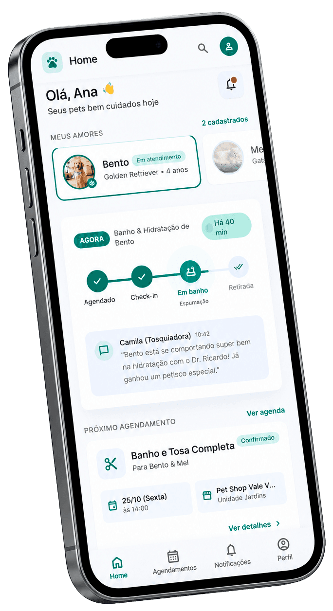App do tutor aberto no celular, mostrando o atendimento do Bento
